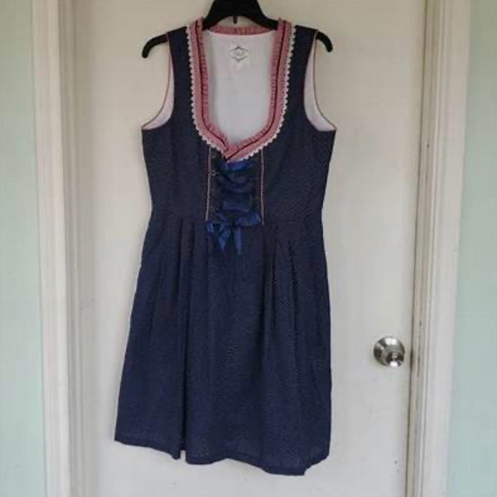 Navy Polka Dot Traditional Dress with Pink Trim and Ribbon Lace-Up